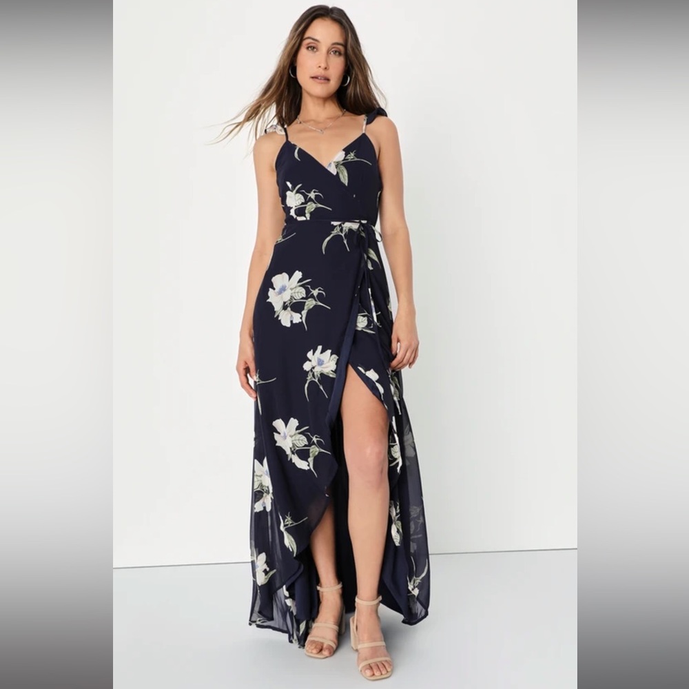 NWT Lulus All Mine Navy Blue Floral Print High-Low Wrap Dress
